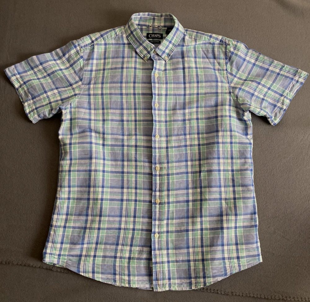 Chaps Linen Blend Short Sleeve Shirt Men's XL Swiss Blue Button Down Casual